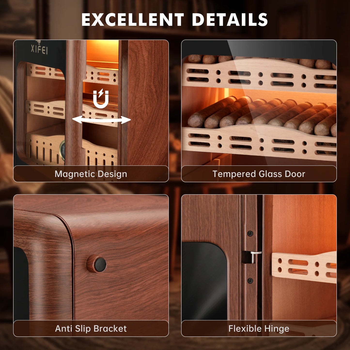 XIFEI Cigar Humidor,Cigar Humidor Cabinet up to 150 Cigars,LED Lighting Desktop Humidor with Spanish Cedar Wood Shelves, Hygrome