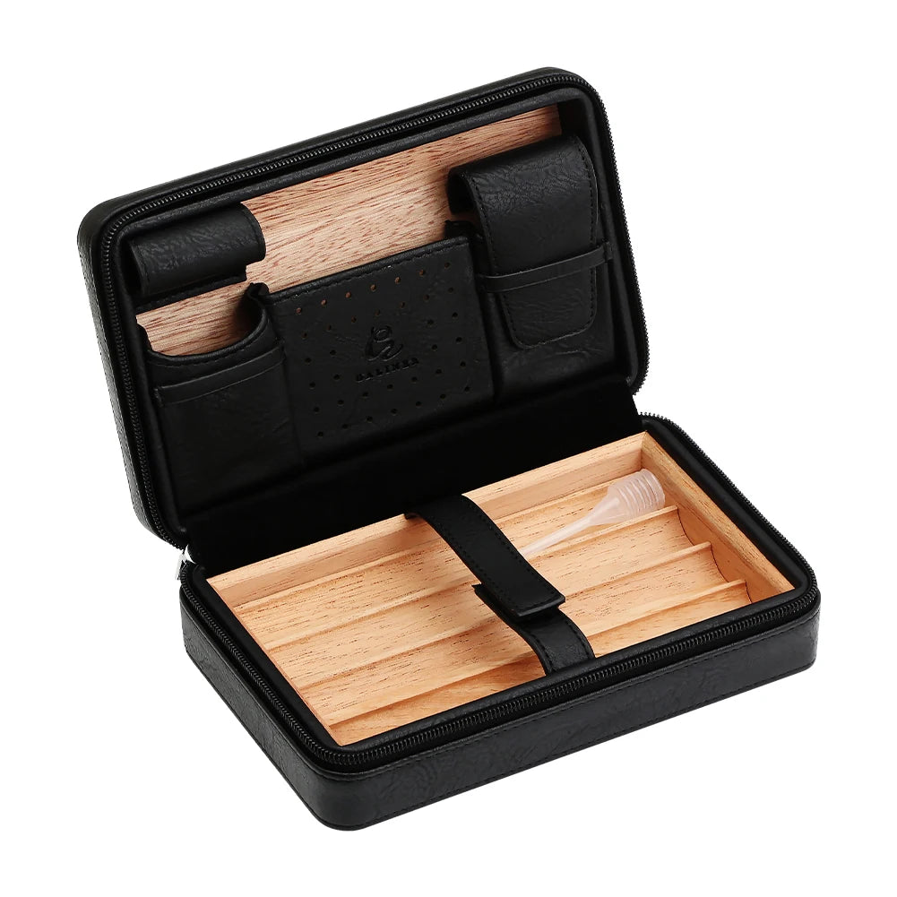 GALINER Portable Humidor Cigar Travel Case Leather Cedar Wood 4 Tube Holder Cigar Humidor Box W/ Cigar Accessories                                                                                       .