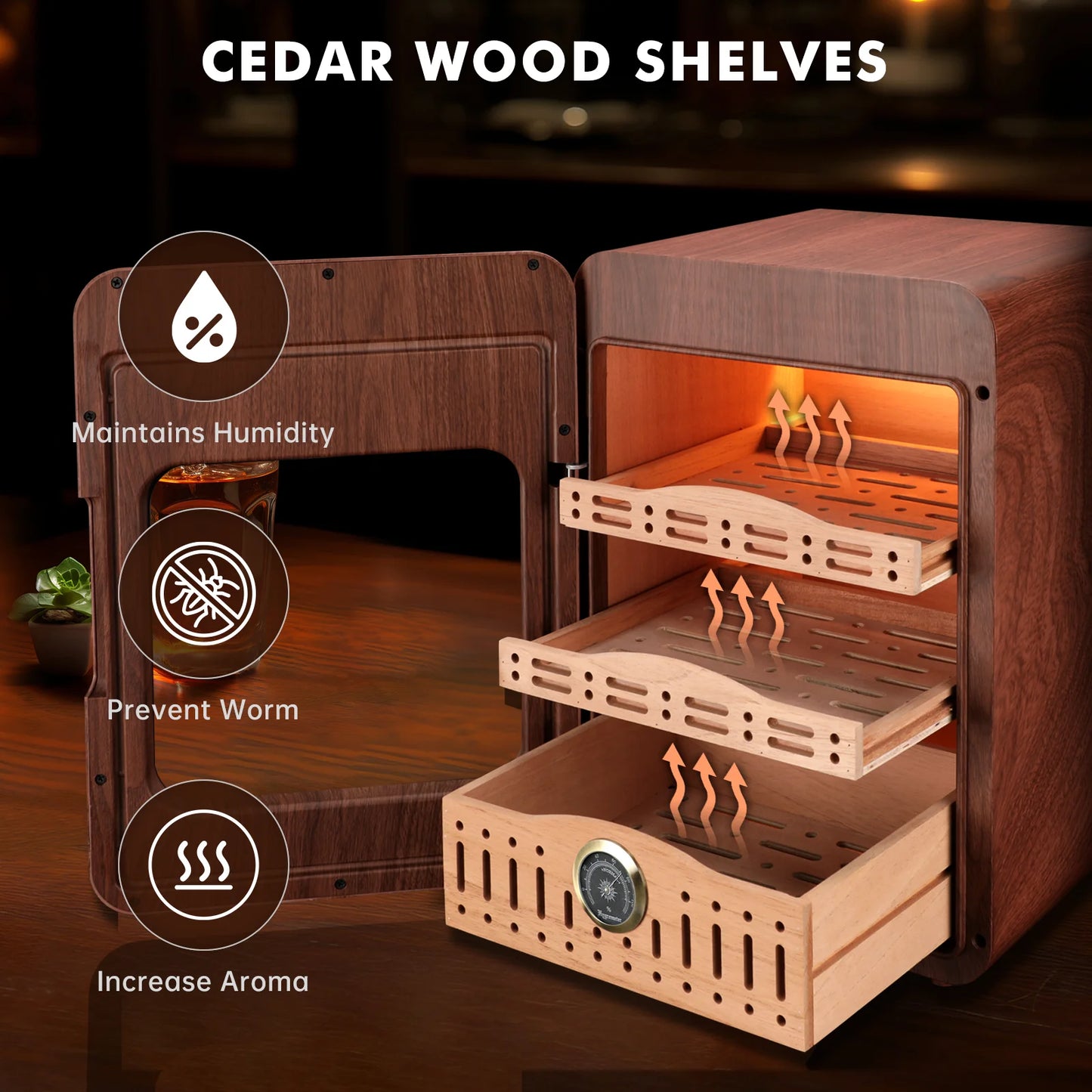 XIFEI Cigar Humidor,Cigar Humidor Cabinet up to 150 Cigars,LED Lighting Desktop Humidor with Spanish Cedar Wood Shelves, Hygrome