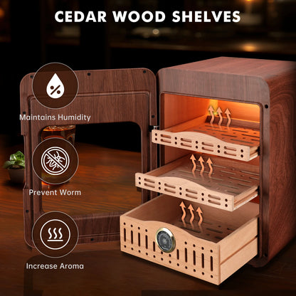 XIFEI Cigar Humidor,Cigar Humidor Cabinet up to 150 Cigars,LED Lighting Desktop Humidor with Spanish Cedar Wood Shelves, Hygrome