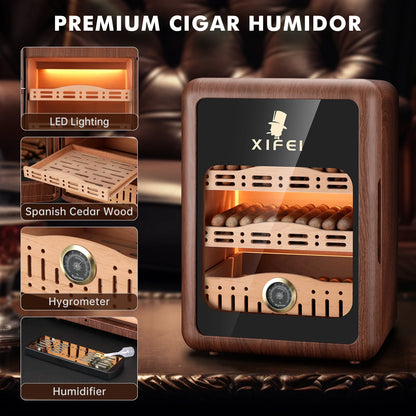 XIFEI Cigar Humidor,Cigar Humidor Cabinet up to 150 Cigars,LED Lighting Desktop Humidor with Spanish Cedar Wood Shelves, Hygrome