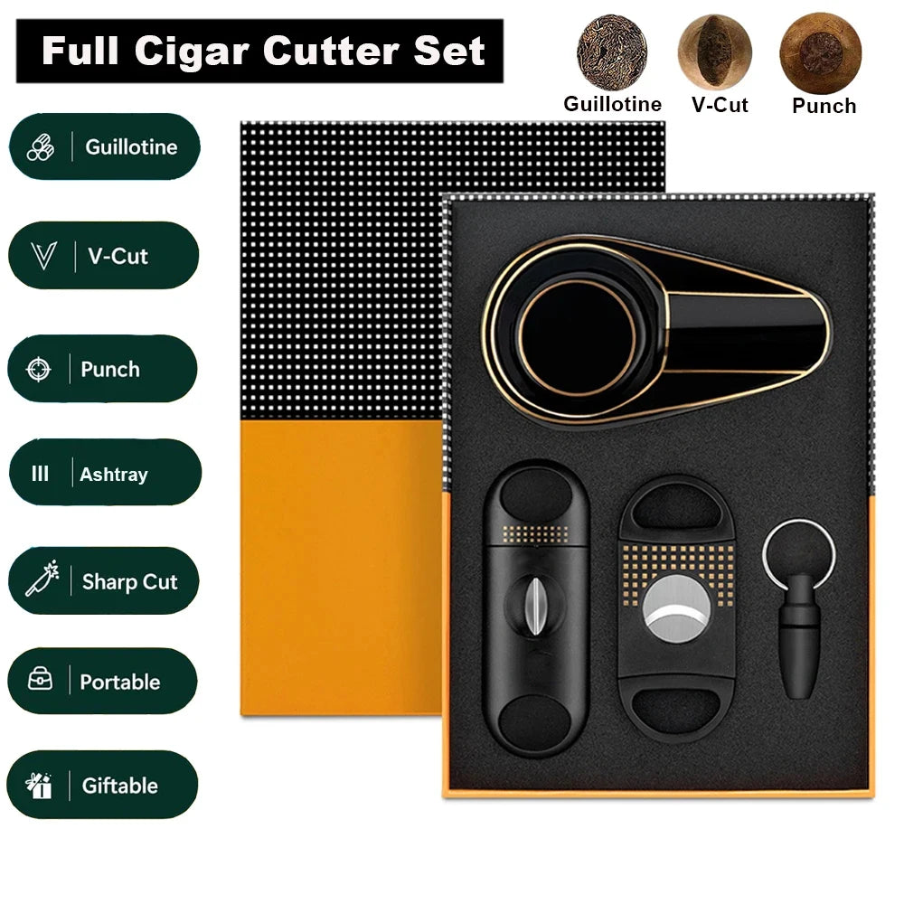 Cigar Cutter Cigar Set V Cut Flat Cutter Punch Ashtray Sharp Cigar Scissors Stainless Steel Guillotine Knife Cigar Cutting Tool